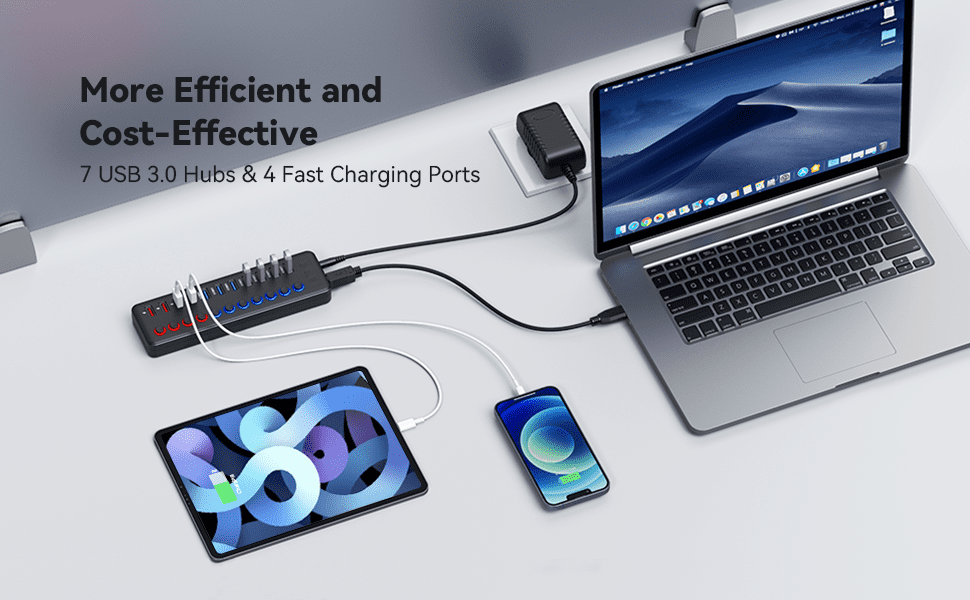 AUBEAMTO Powered USB 3.0 Hub, 11-Port USB Hub Splitter (7 Faster Data Transfer Ports+ 4 Smart Charging Ports) with Individual LED On/Off Switches, USB Hub 3.0 Powered with Power Adapter for Mac, PC