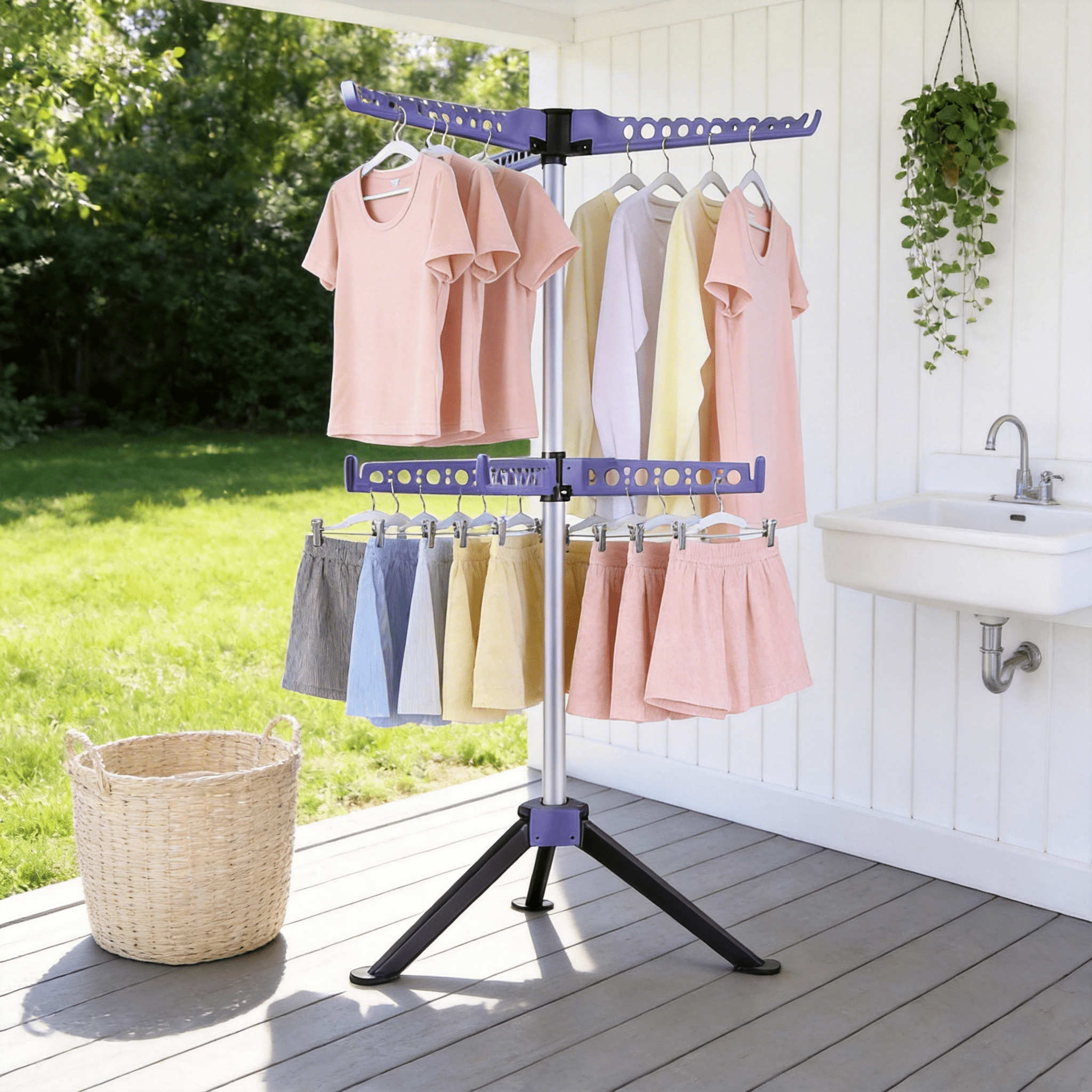 GARITIN Foldable Tripod Clothes Drying Rack, 2-Tier Folding Laundry Rack 61 Inch, 7 Arms 3 Legs, Portable Collapsible Clothing Airer for Indoor Outdoor, Blue
