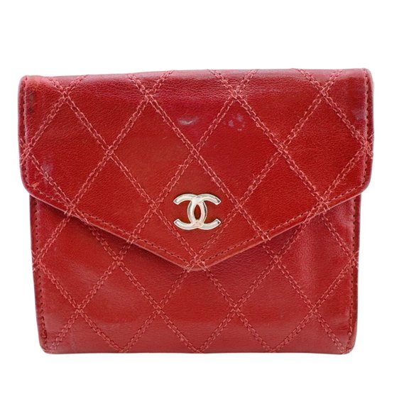 Pre-Owned CHANEL Chanel Bicolore Double Snap Compact Wallet Coco Mark Bi-fold Red