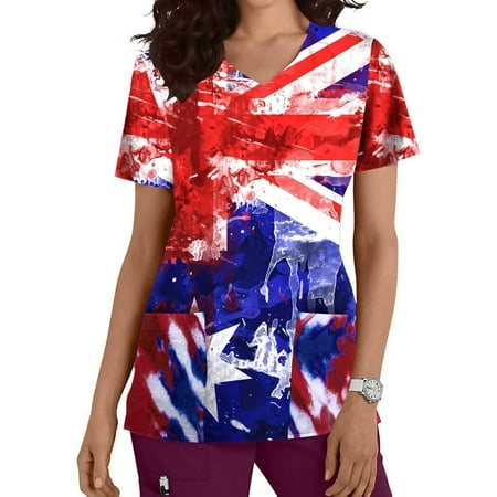 

PEONAVET Nursing Scrub Tops for Women 4th of July Patriotic Flag Print Working Uniform Short Sleeve V Neck Workwear Blouse T-shirt with Pockets Mothers Day Gifts - Summer Savings Clearance