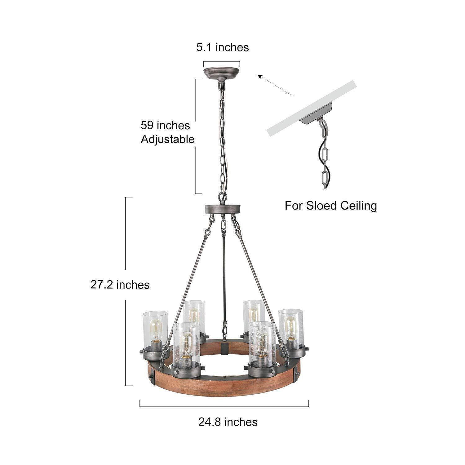 LNC 6-Light Distressed Wood and Gray Wagon Wheel Chandelier with Seeded Glass