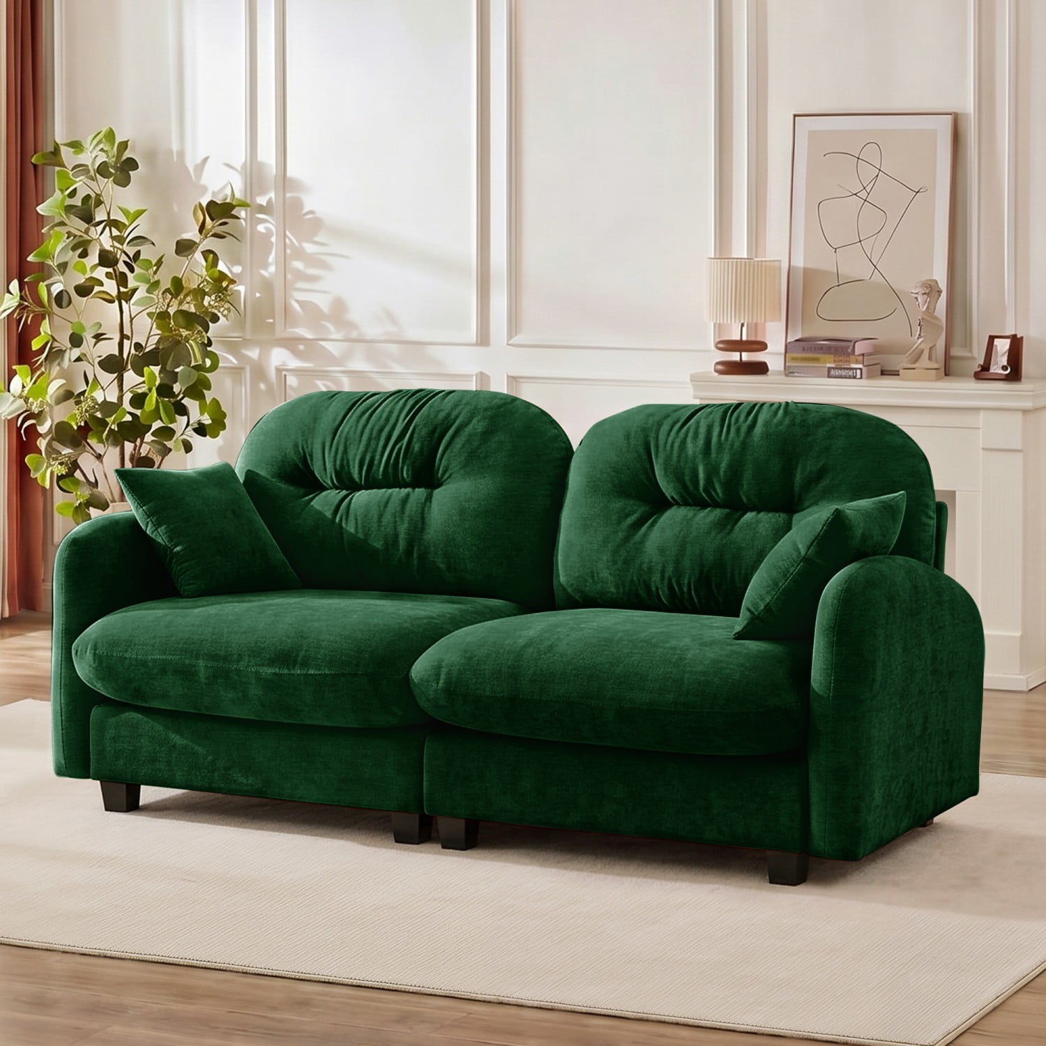 Modular Sectional Sofa Cloud Couch Loveseat Chenille Fabric Tufted Sofa Ergonomic 2-Seater Couch with Wooden Base for Living Room, Apartment, Green