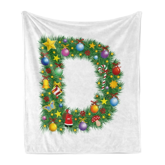 Letter D Soft Flannel Fleece Blanket, Pine Tree Pattern with Vibrant Colored Christmas Elements Alphabet Capital D Print, Cozy Plush for Indoor and Outdoor Use, 70" x 90", Multicolor, by Ambesonne