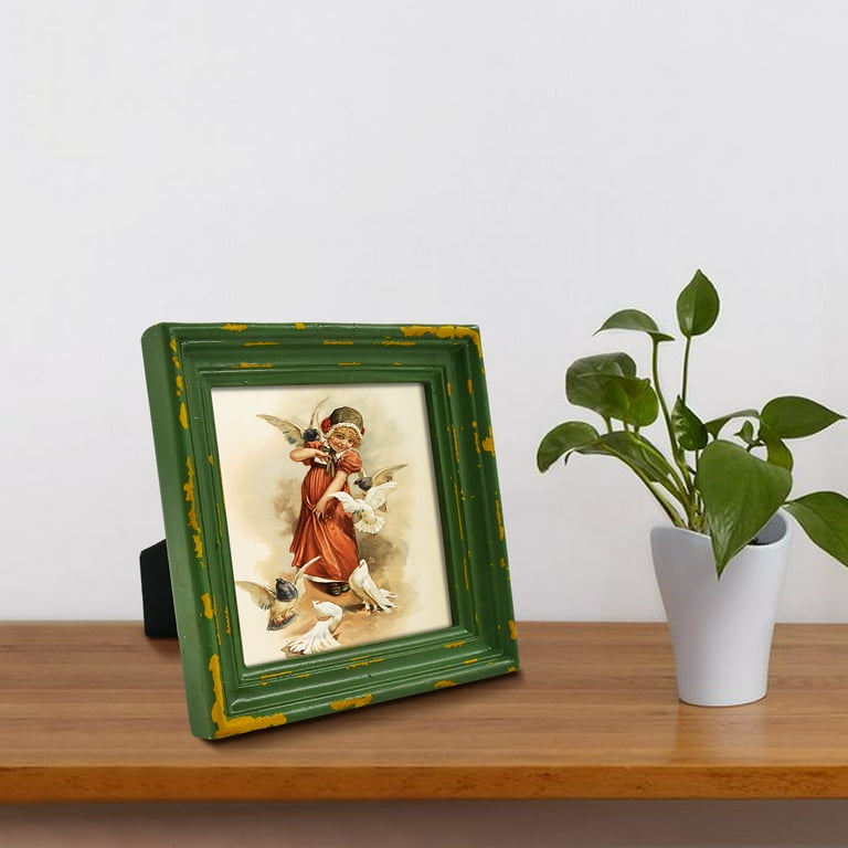 Shabby Chic 4x4 Picture Frame - Distressed Moss Green Resin Square Frame With Easel & Hanging Hardware