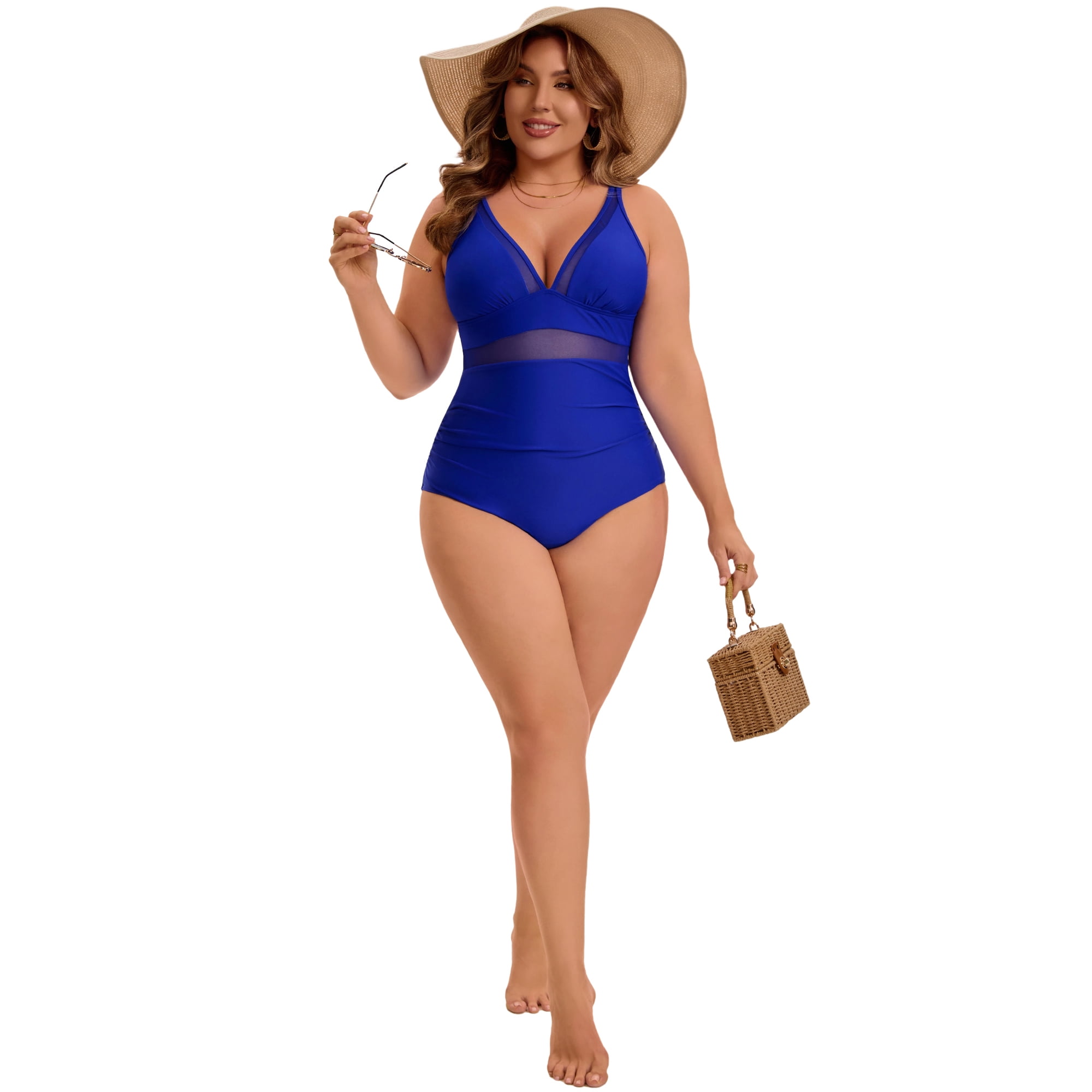 DARING DIVA Women's Plus Swimsuit Mesh V Neck Bathing Suit 3X Blue