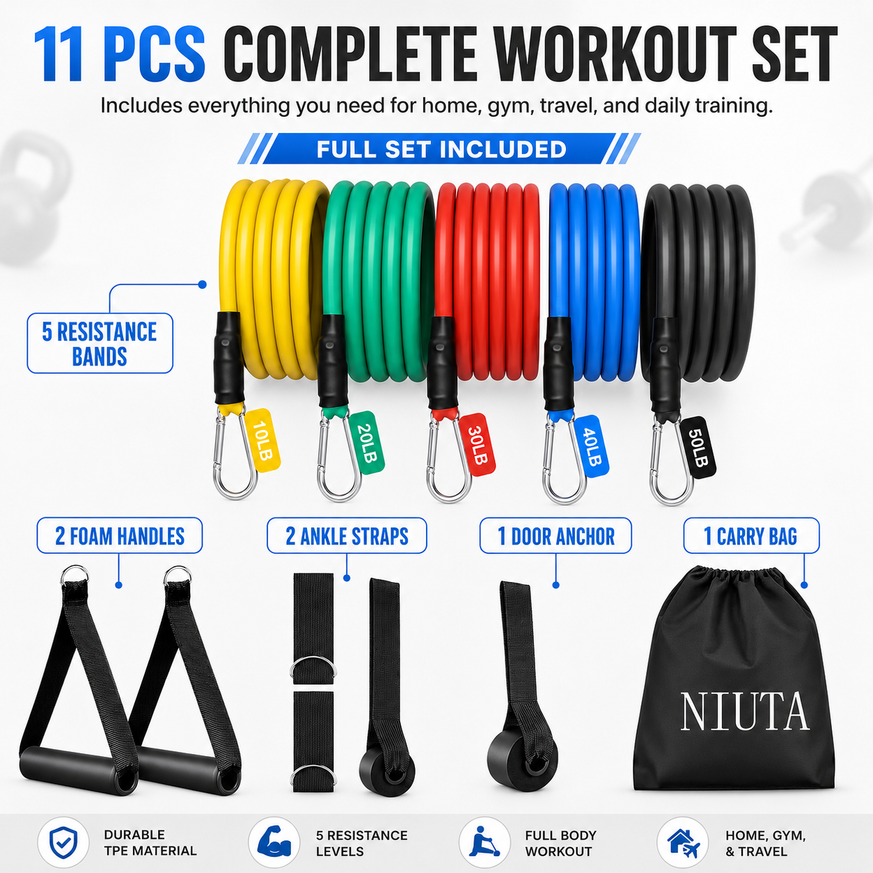NIUTA 150 lbs Resistance Bands Set (11-Piece) photo 4