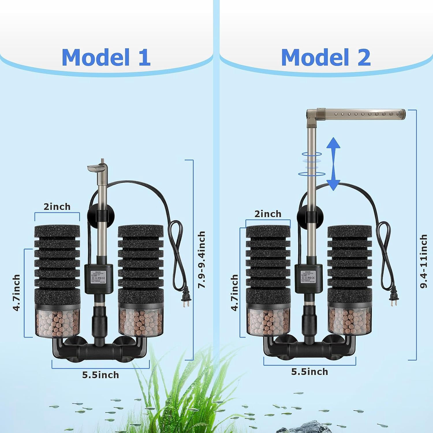 Aquarium Electric Sponge Filter with Submersible Water Pump Silence Motor for Shrimps,Bettas Bio Ceramic Media Balls and 2 Spare Sponge,Venturi Nozzle Rain Mode (S 10-20 Gal)