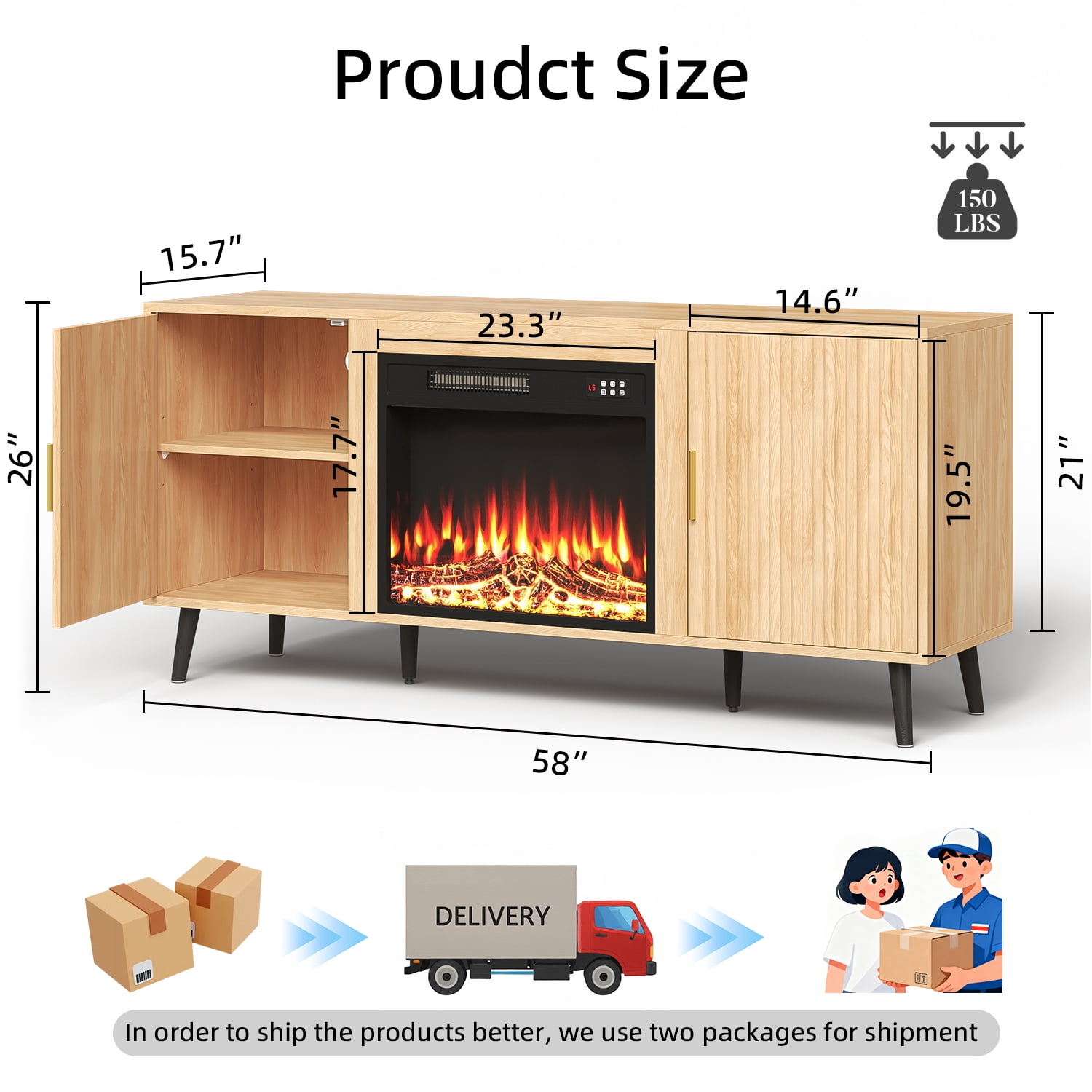 Bossin 58" Wood Mid Century Modern TV Stand with Fireplace, Entertainment Center up to 65" TV,Electric Fireplace TV Stand for Living Room
