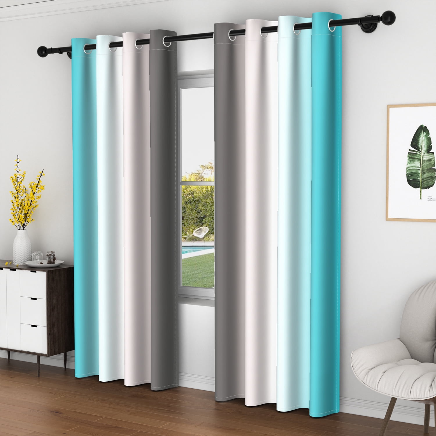 LFEEY Turquoise Teal Curtains, Blackout Light Room Darkening Curtains, Ombre Gray, 42" W x 63" L, 2 Panels