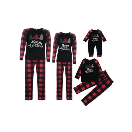 

Christmas Family Matching Pajamas Set Christmas Tree/Hat Print Long Sleeve Tee and Plaid Pants Casual Sleepwear