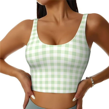 Jgfou Green Checkboard Print Womens Sports Bra - Padded Workout Sports Bras Crop Tank Top
