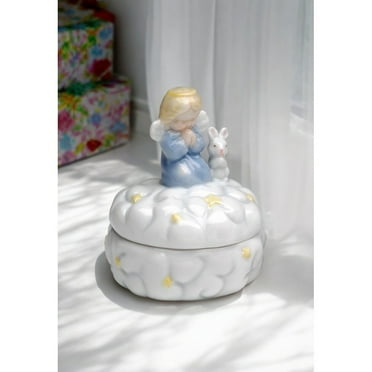 Ceramic Praying Angel with Rabbit Keepsake Box 3in Nursery Decor Baptism Gift