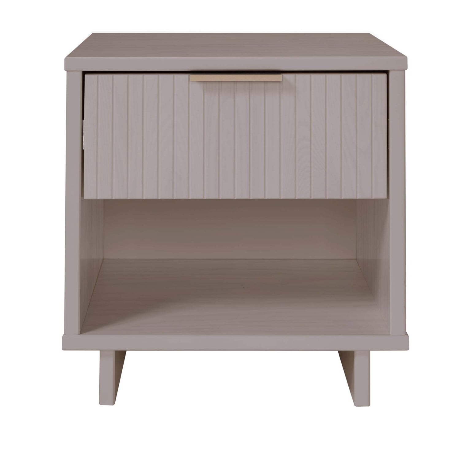 Light Gray Nightstand, Modern Contemporary Bedside Table with 1 Drawer, Solid Wood Ribbed Drawer Front and Gold Handle, Glam Storage End Table for Bedroom Living Room