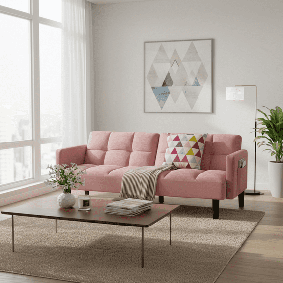 Gewnee Futon Sofa Bed, 2-Seat Velvet Convertible Couch with Position Adjustable Back, Ideal for Small Apartments, Living Rooms, Guest Bedrooms & Dorm Rooms，Pink