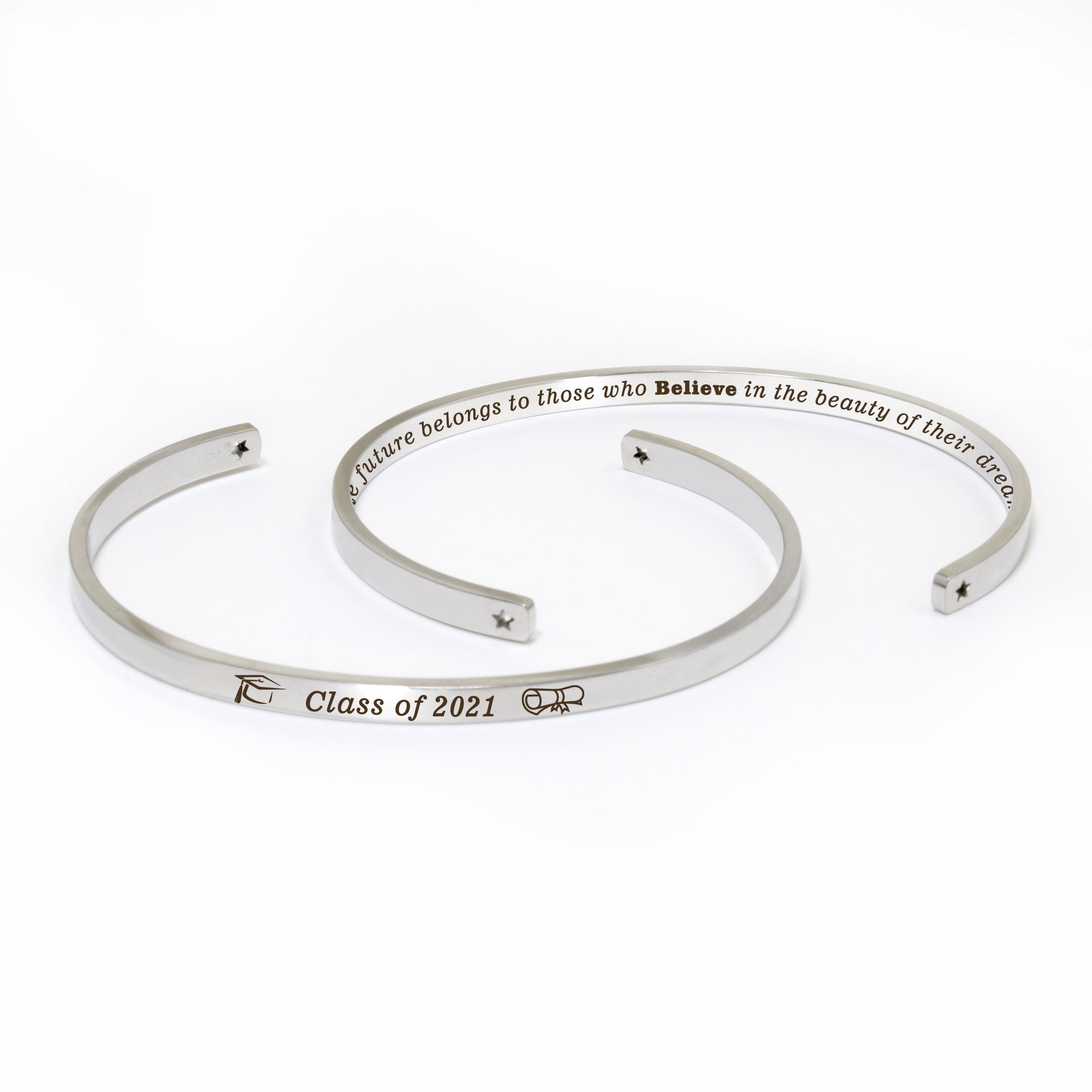 "The future belongs to…" Silver Stainless Steel Graduation Theme Hidden Message Gift for Her Cuff Bracelet with Gift Set
