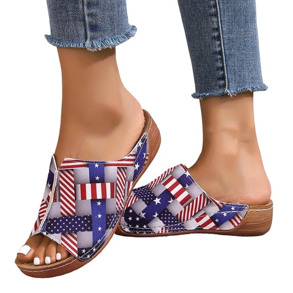 Rokment Independence Day Platform Wedge Slip on Sandals for Women Beach Vacation Summer Fashion Casual Leather Orthopedic Chunky Walking Slippers Gladiaator Dress Slides Red Size 6
