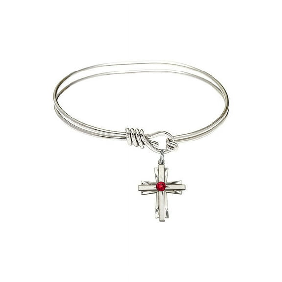 5 3/4 inch Oval Eye Hook Bangle Bracelet w/ Cross medal charm w/ July Red Swarovski Crystal