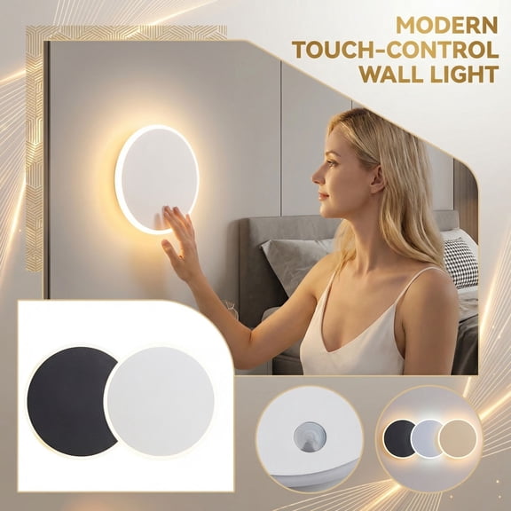 White Touch Control Wall Light 5In Rechargeable LED Sconce Round Wall Mounted Lamp for Bedroom Hallway Adjustable 3 Color Temperature for Bedside Reading