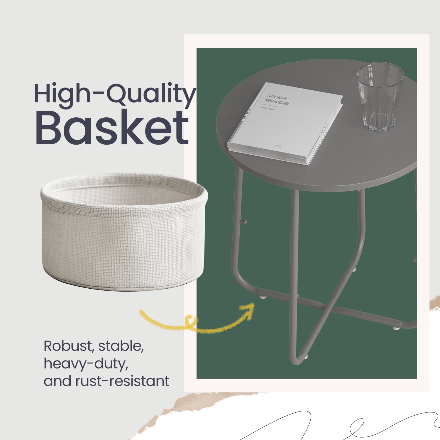 LEDREM Modern Round Accent Table with Fabric Storage Bin, Compact Nightstand for Bedroom & Living Area, Space-Saving Furniture with Patented Design, Gray & White