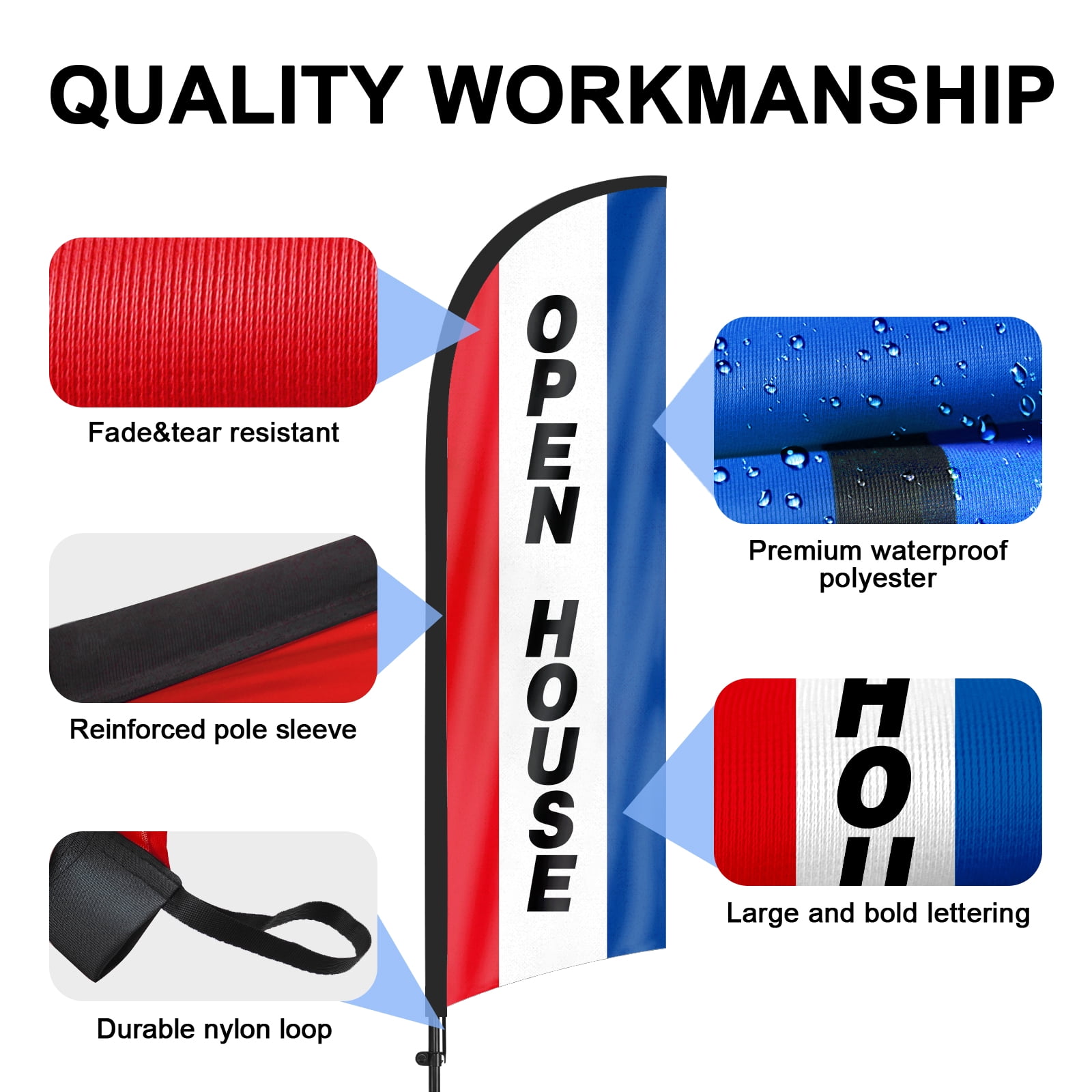 QSUM Open House Feather Flag with Flag Pole Kit and Ground Spike, 8.2FT Open House Windless Flag Banner Sign Business for Welcome Agent Inside Outdoor Advertising Sign Decoration Display