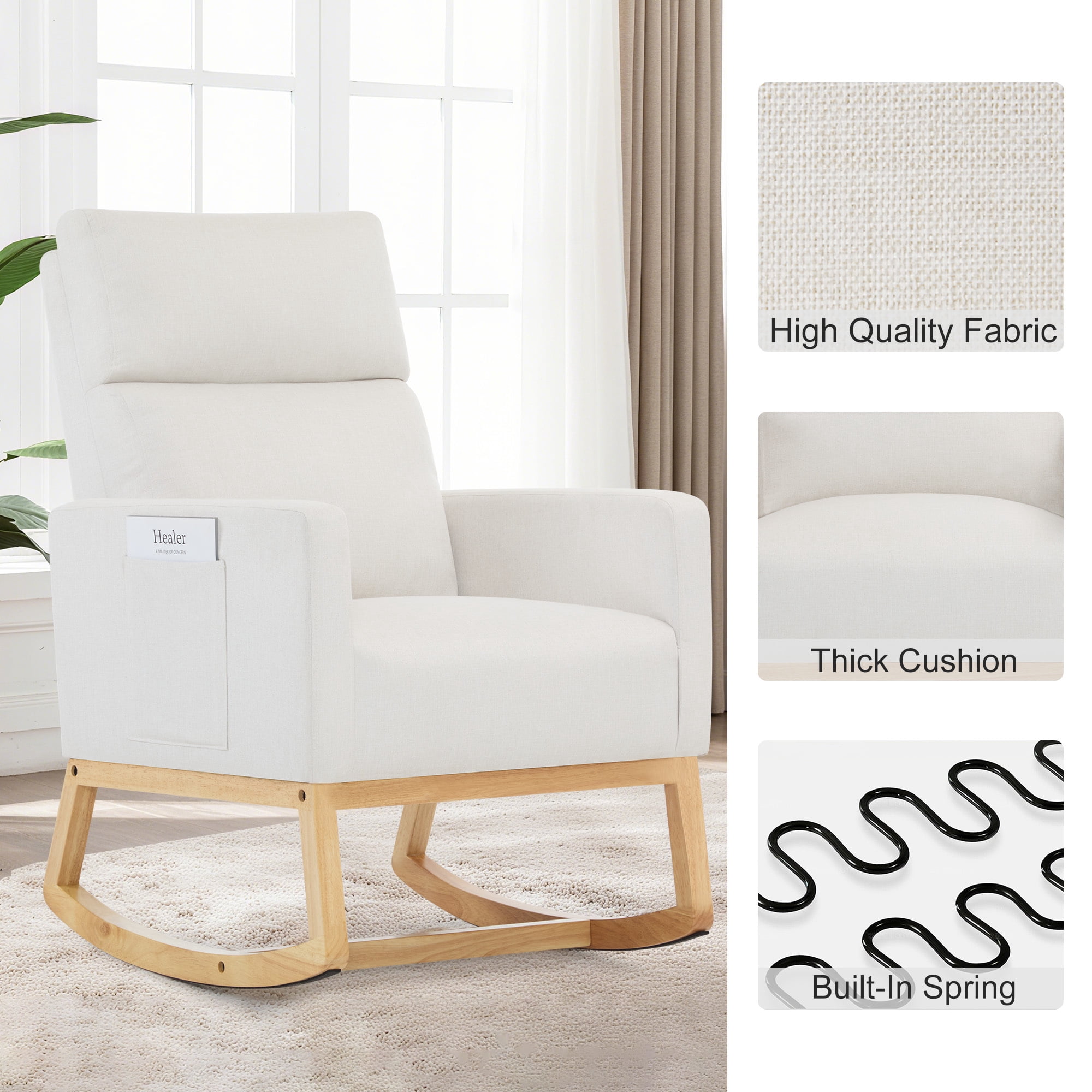 SAETSFEG Rocking Chair Nursery,Linen Upholstered Glider Rocker with Side Pocket and Wood Legs, Modern Accent Chair for Small Space, Living Room, Bedroom, Ivory