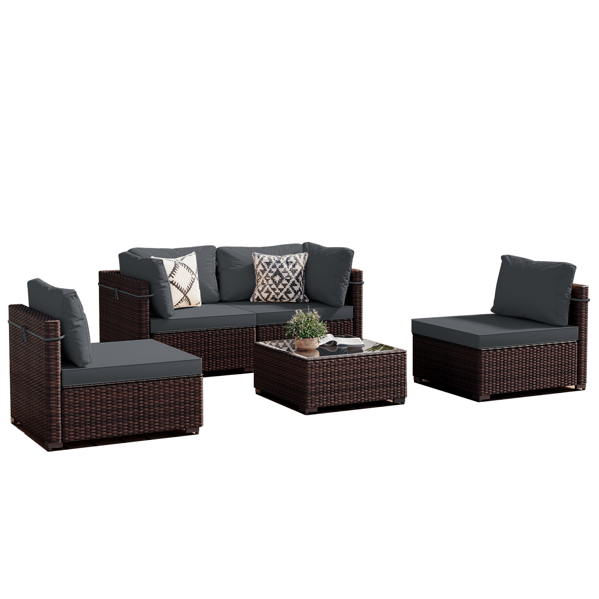 UPHA 5 Pieces Outdoor furniture Sets Patio Sectional Couch Wicker Conversation Sofa for Pools Outside, Gardens, Decks, Brown Rattan, Dark Gray Cushion