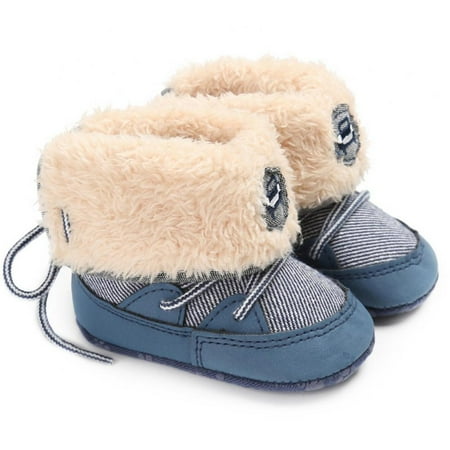 

Synpos 0-18M Winter Baby Ribbed Snow Boots for Boy Girl Shoes Soft Sole Lace-up Toddler Plush Lined Prewalker Fleece Boots (Blue)