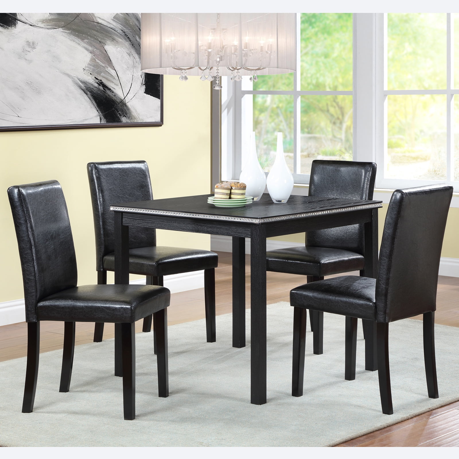 PORKISS Dining Table Set for 4, Solid Wood Dining Room Set with 1 Square Table 4 Upholstered Chairs, Dinner Table with Padded Chairs for Home Kitchen, Black