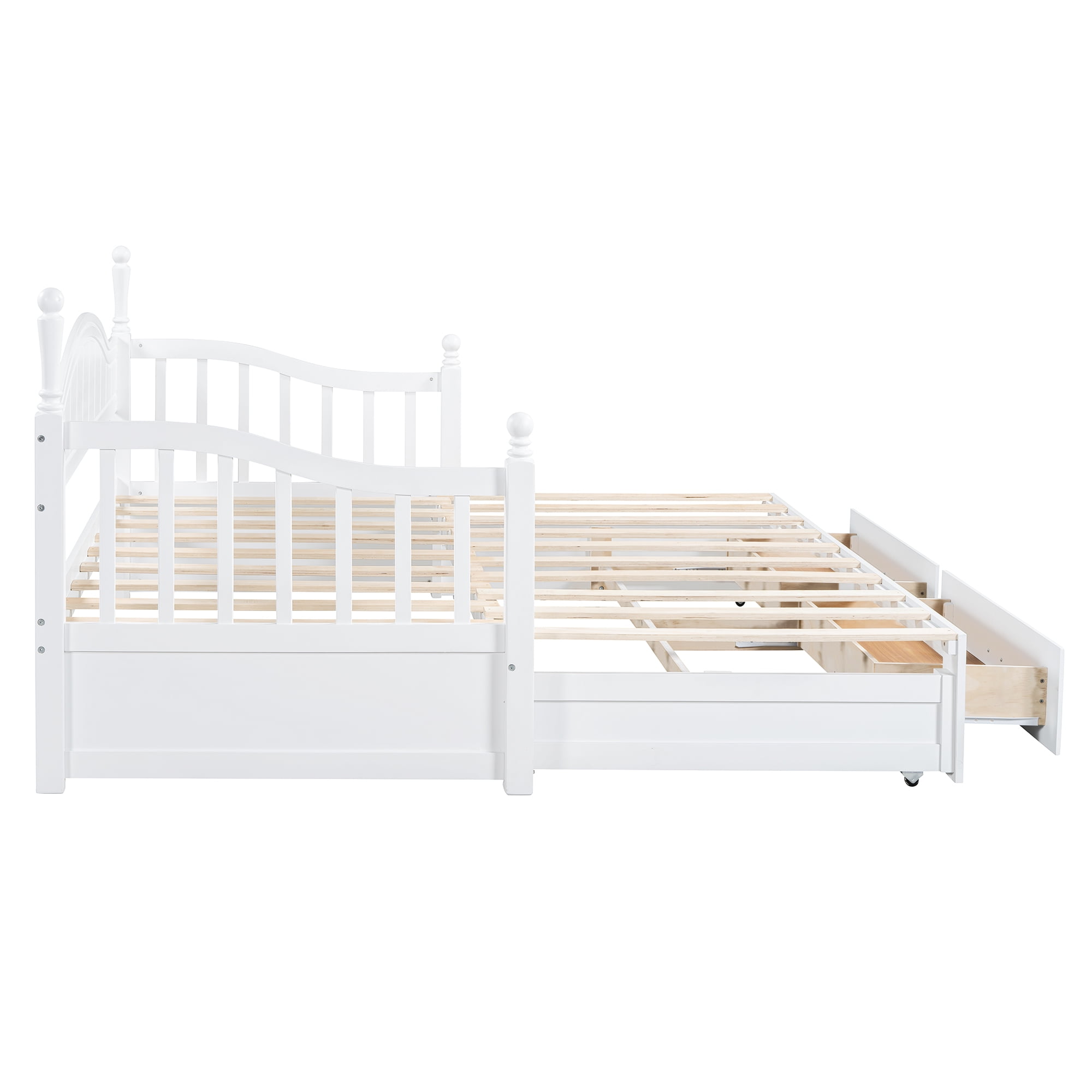 Euroco Wood Twin Size Daybed with Trundle and Drawers, Extendable Bed, White