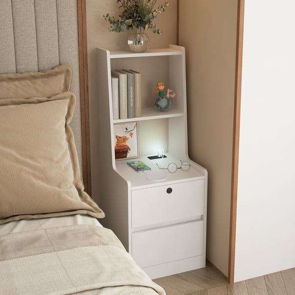 Topcobe Nightstand with Charging Station, Modern Night Stand with Bookshelf, Bedside Tables with Storage Cabinet for Bedroom, White