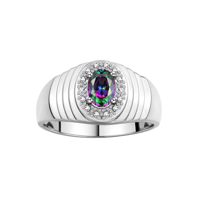RYLOS Men's Rings 14K White Gold Classic Halo Of Diamonds 7X5MM Oval Gemstone Ring Alexandrite June Birthstone Rings For Men Size 9