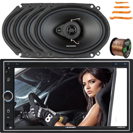 Blaupunkt CAMDEN 450 7” Touchscreen Double DIN Bluetooth USB/AUX AM/FM Radio Multimedia Digital Media Receiver, 4x 6x8" 60W Max Power 3-Way Car Speakers, 50 Feet 16 Gauge Speaker Wire, Pry Tool Set