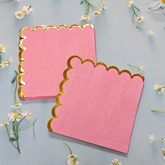 Nvzi 50 servilletas rosas con detalles en papel dorado, 5 x 5 pulgadas, desechables,despedidas de soltera y baby showers, suministros para cenas y almuerzos (rosa C)