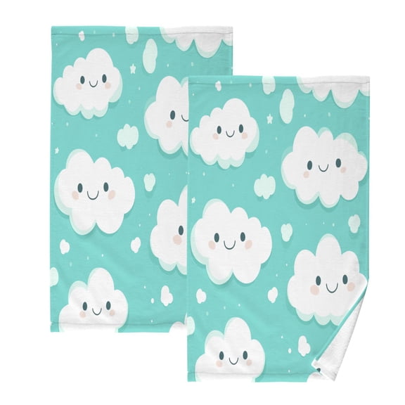 Happy Clouds Pattern Set of 2 Pure Cotton Towels, 16'' x 28'', Highly Absorbent and Soft