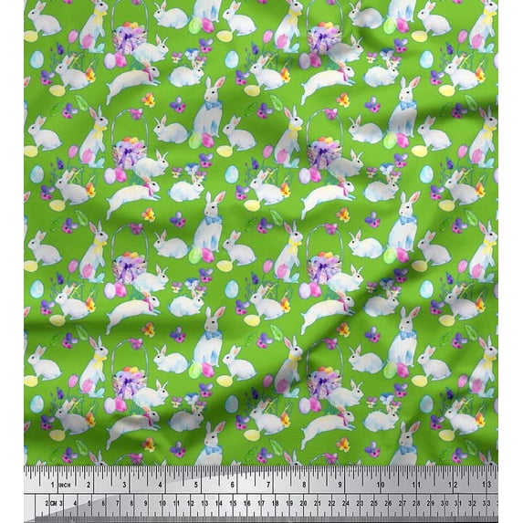 Soimoi Satin Silk Fabric Floral,Egg Basket & Bunny Watercolor Decor Fabric Printed Yard 42 Inch Wide
