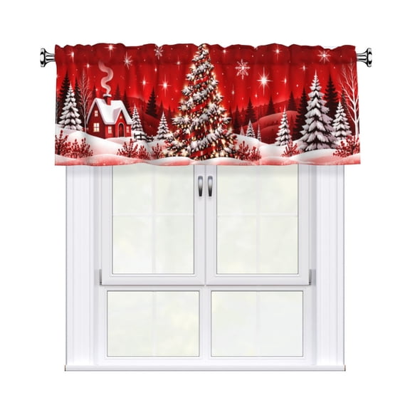 Red Christmas Snow Scene Window Valance 54x18 in, Rod Pocket Polyester Curtain Valance, Kitchen Valance, Short Window Curtain, Printed Window Treatment for Kitchen Living Room