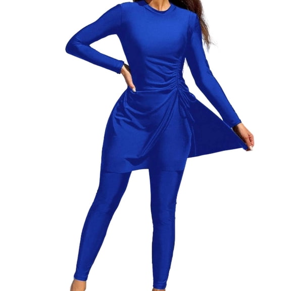 YUGYXL Women Modest Swimsuit Full Coverage Swimwear 2 Piece Long Sleeve Athletic Bathing Suit Conservative Rash Guard Blue S