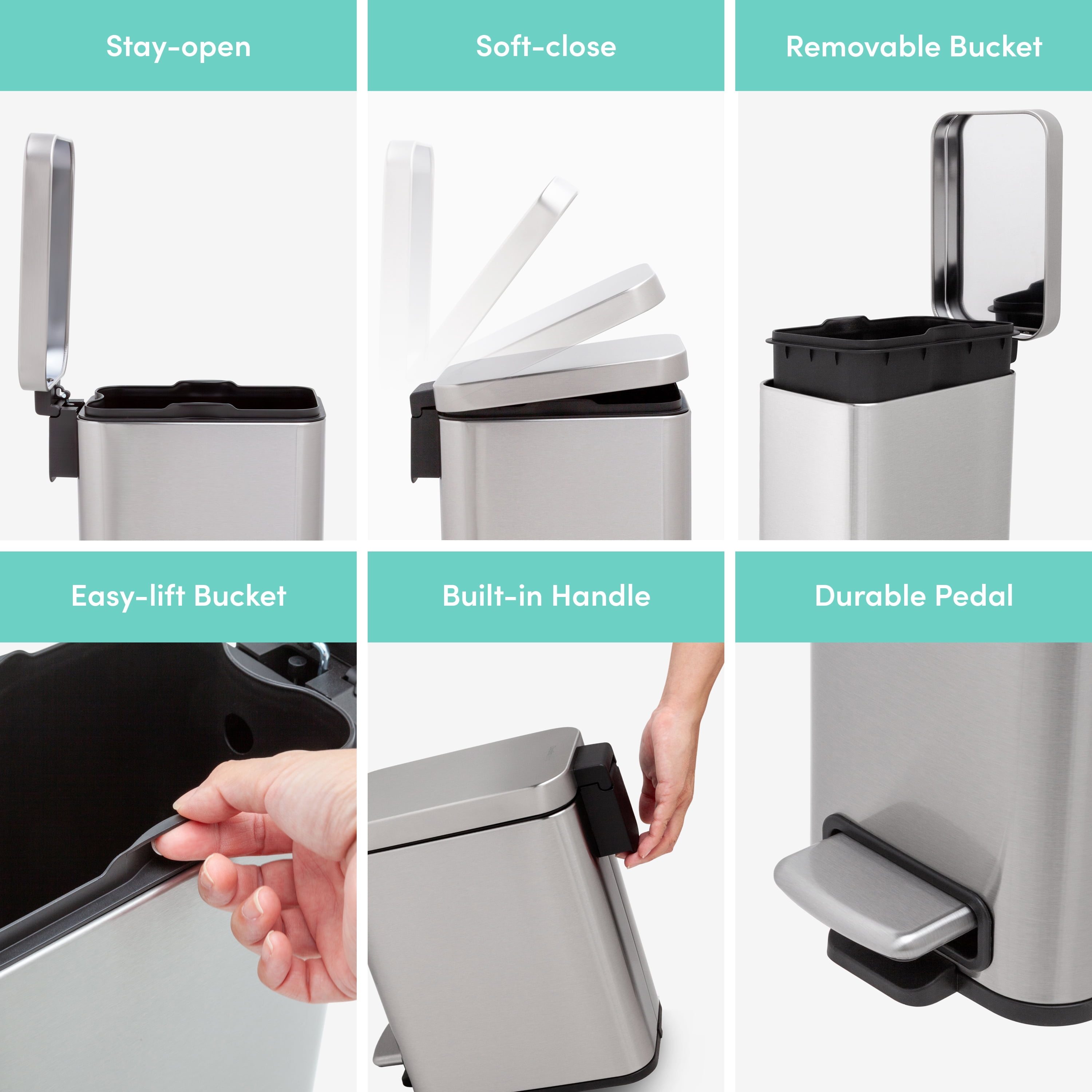 Qualiazero 1.3 Gallon (5L) Stainless Steel Slim Step-On Trash Can "Twin Pack", Soft-Close Lid, Small Bathroom Garbage Bin Set, Silver