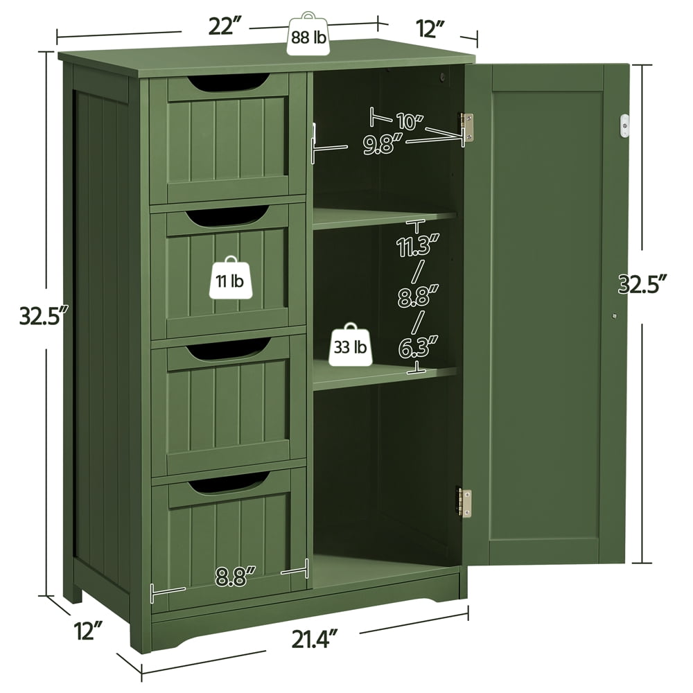 Yaheetech Modern Wooden Bathroom Storage Cabinet with 4 Drawers and Cupboard, Green