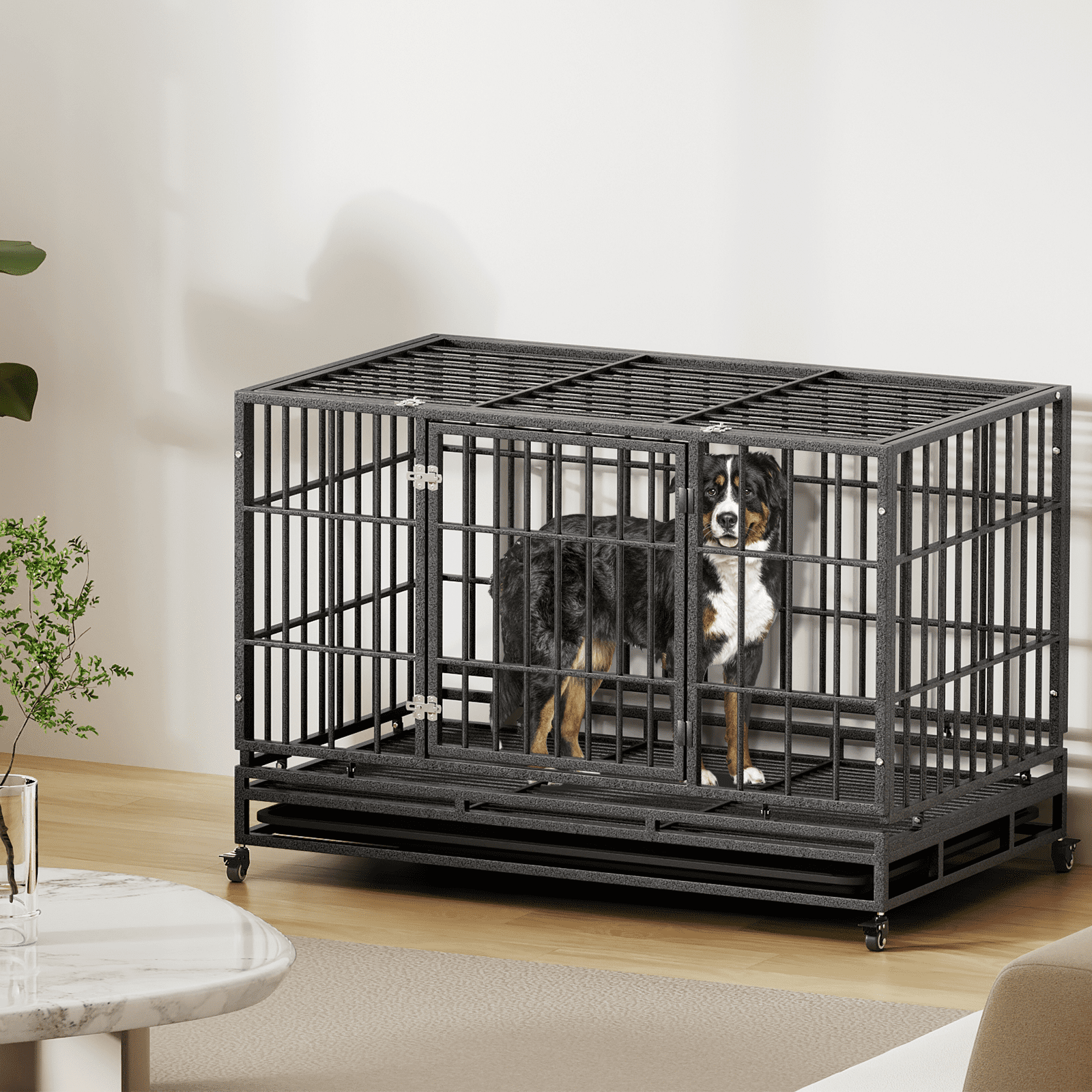 Magshion 48.5" Large Alloy Steel Heavy Duty Indestructible Dog Crate, Escape-Proof Dog Crate Cage Kennel for Large Dogs, Double Door Dog Crate with Removable Crate Trays and Wheels, Dark Silver