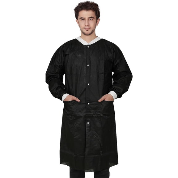 Disposable Lab Coats, SMS Material, Knee Length, 3 Pockets, 10 Pack – Small, Black