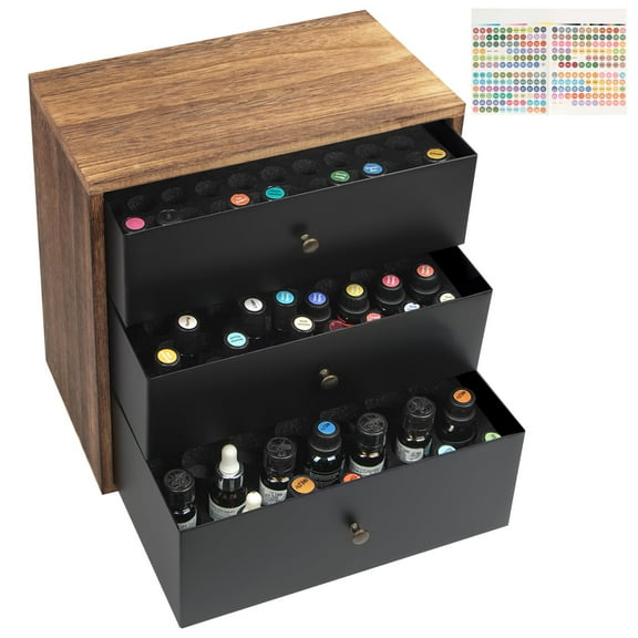 Essential Oil Storage Box, Holds up to 124 Bottles 5-30 ml Standard and Roller Bottles, 3 Tier Metal & Wooden Drawer Case Organizer Display Container- MK584A