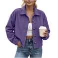 thumbnail image 2 of QIYAGBSA Corduroy Jacket for Women Soft Turn Down Lapel Collar Button Down Long Sleeve Drop Shoulder Fall Casual Outerwear Lightweight (Purple, L), 2 of 9