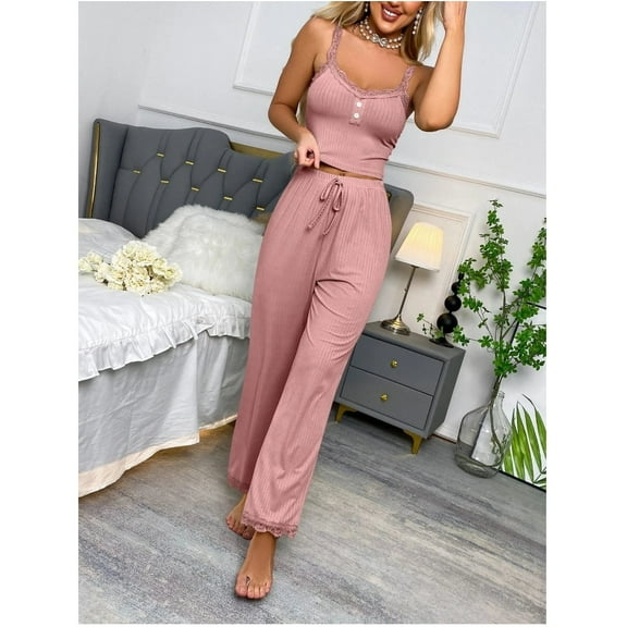 Casual lace trim halter-top long pants for women as a set of home wear