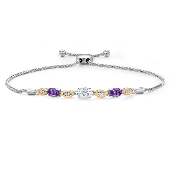 Gem Stone King 925 Silver and 10K Yellow Gold White Moissanite and Purple Amethyst and Lab Grown Diamond Bracelet for Women | 1.86 Cttw | Gemstone | Oval 7X5MM | Fully Adjustable 9"