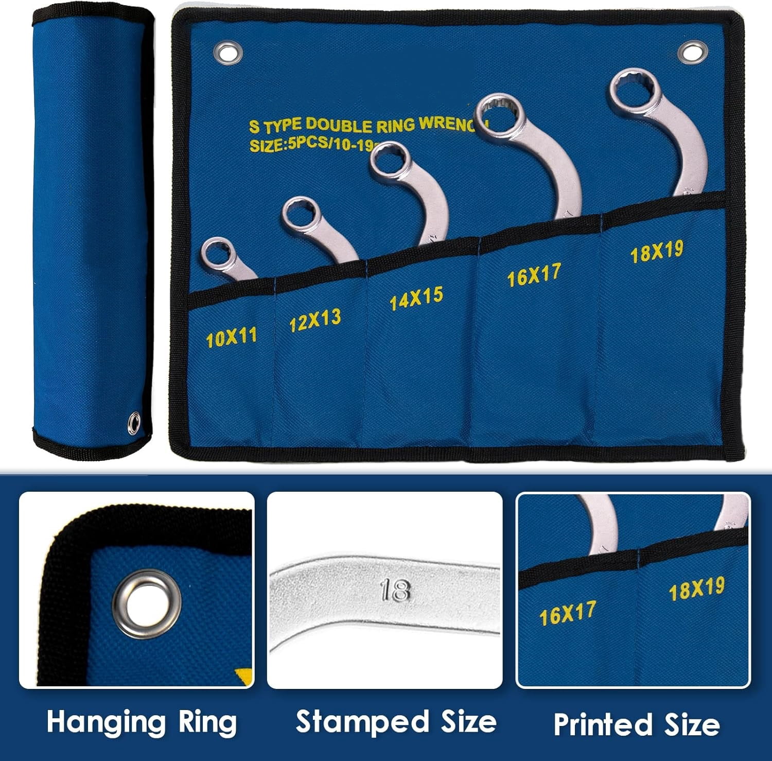 S-Type Box End Wrench Set, Metric, 5-Piece, 10x11mm to 18x19mm, CR-V Steel, with Rolling Pouch