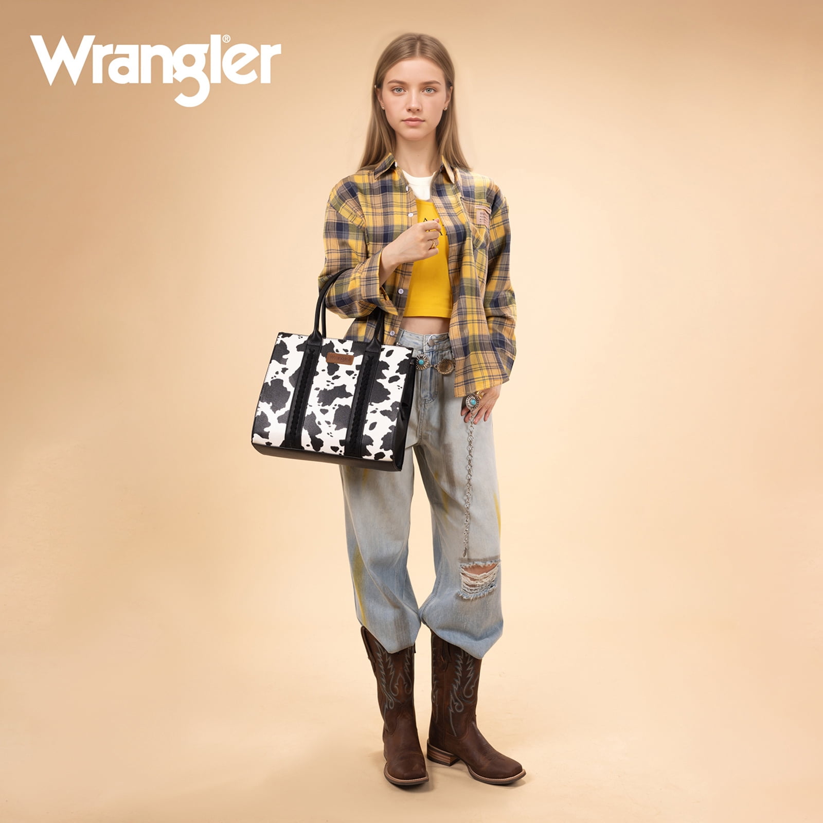 Wrangler Purses for Women Large Work Tote Bags with Strap Vintage Top-Handle Handbags, Cow-Black