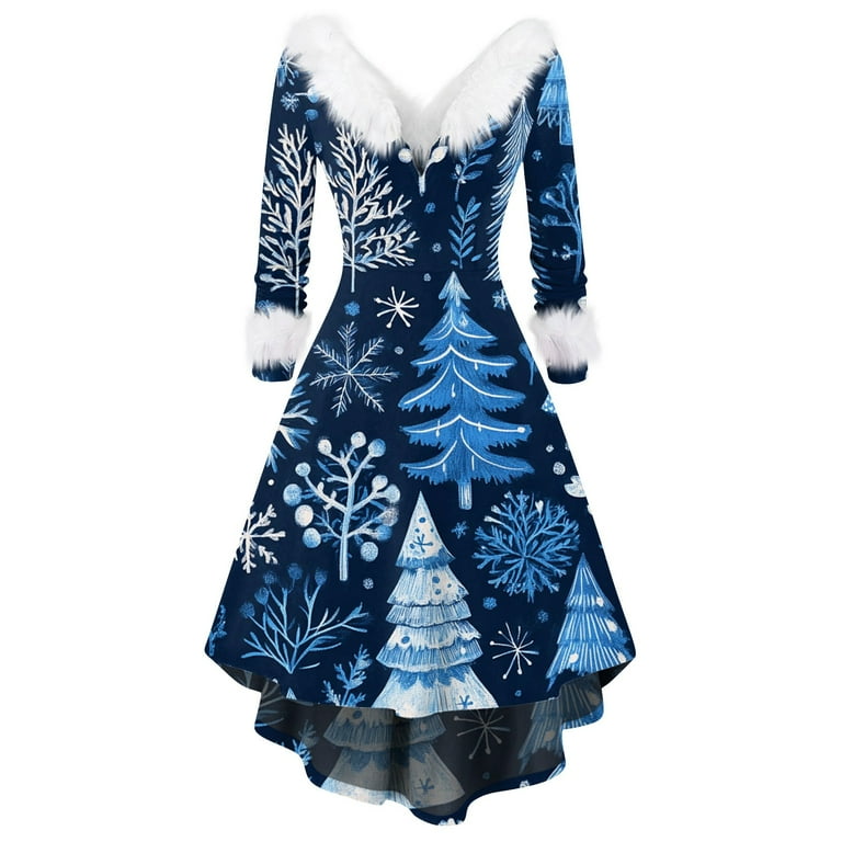 Christmas Dresses for Women Women's Fashion V-neck Casual Fit Christmas  Print Party Long Sleeve Dress with Fur for Festive Occasion,Sky Blue,S