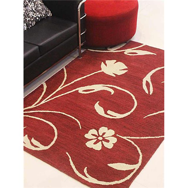 3 x 5 Pi. Tapis de Laine Touffeté à la Main Floral&44; Beige Rouge