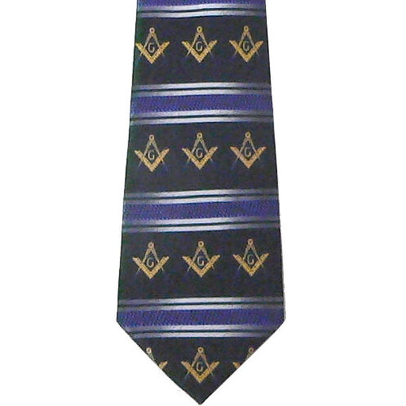 Freemason's Tie - Black Polyester Long Necktie Gold Masonic Striped Pattern